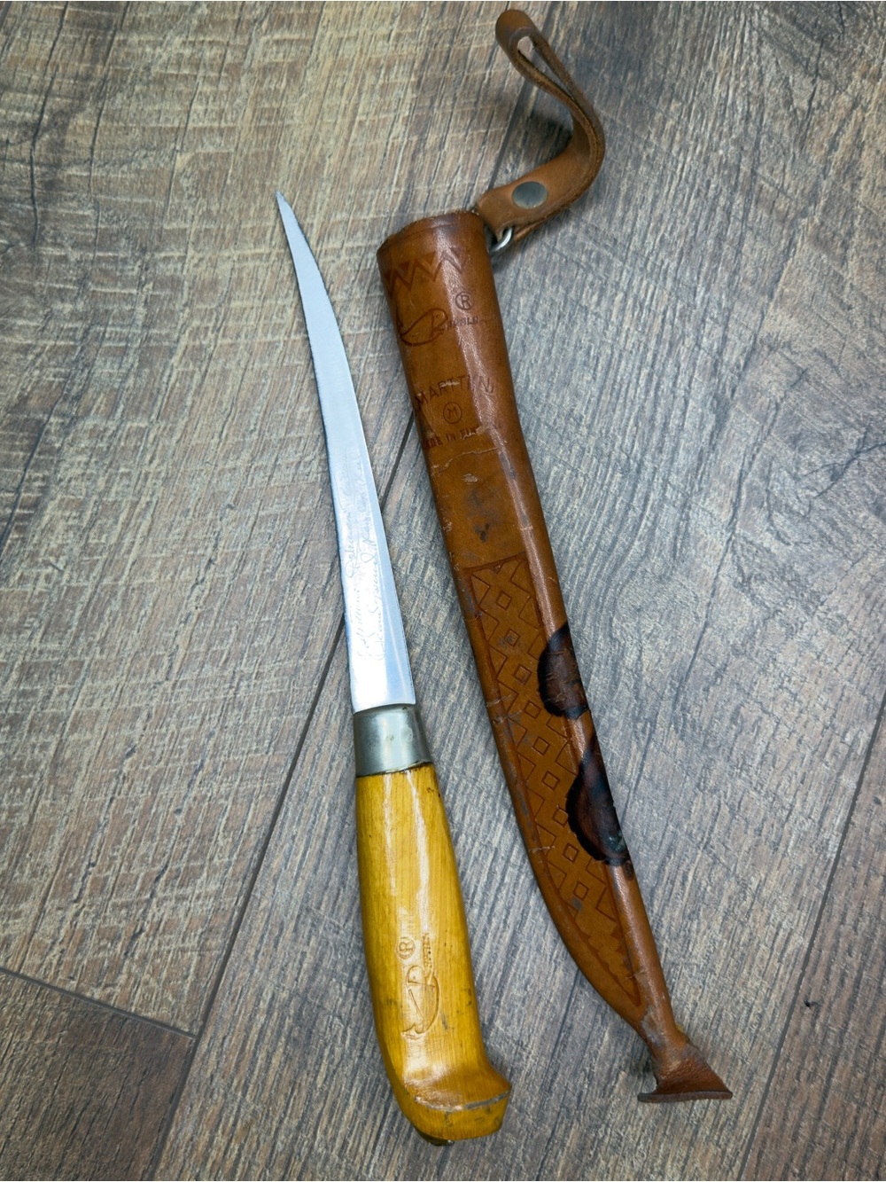 Vintage J Marttiini Finland Hand Ground Stainless Rapala Fillet Knife & Sheath